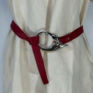 Vintage Alexis Kirk Red Soft Leather Belt Silver And Gold Swank Retro Grunge